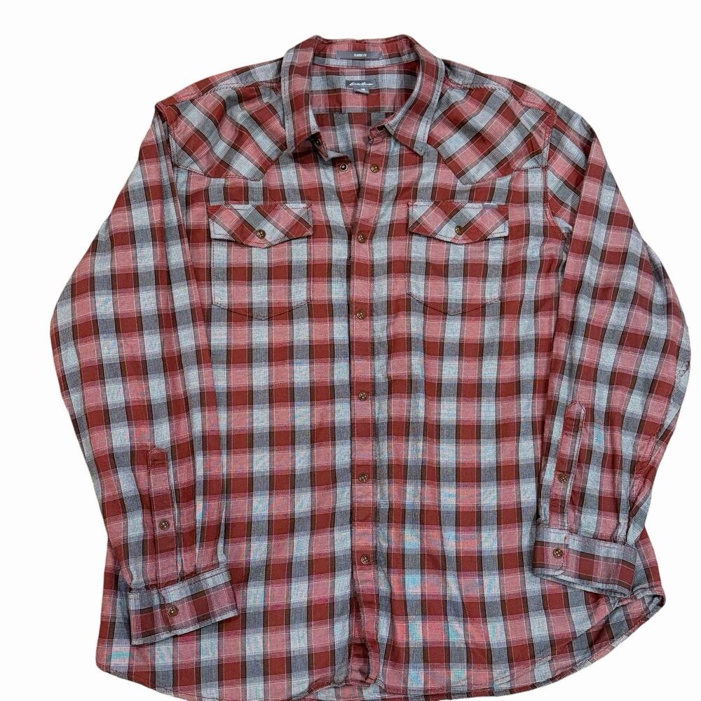 Eddie Bauer Elkhorn Classic Fit Plaid Rust & Gray Snap Front Shirt Mens Size XXL